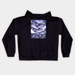 Purple cloudy sky above mountains with a crescent moon Kids Hoodie